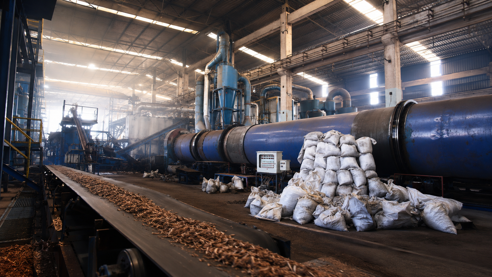 Biochar plant with raw material storage and logistics