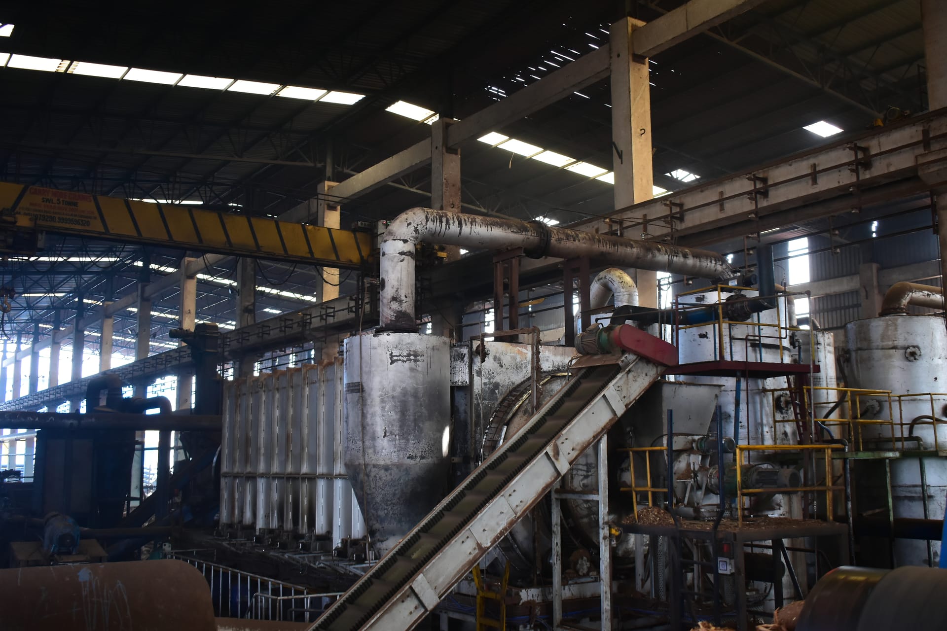Industrial biomass processing plant with conveyors and production systems
