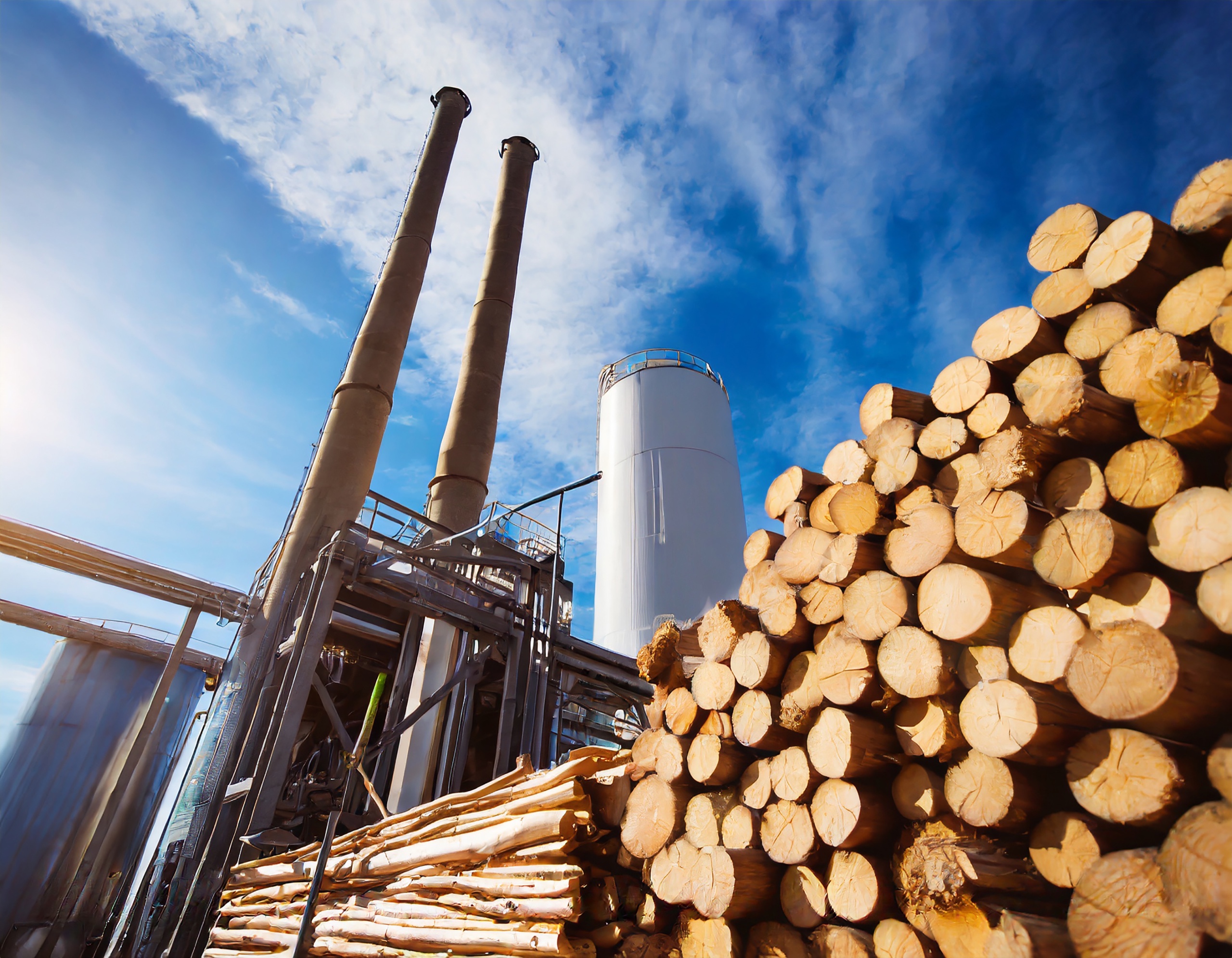 Biomass power plant with wooden fuel storage against open sky