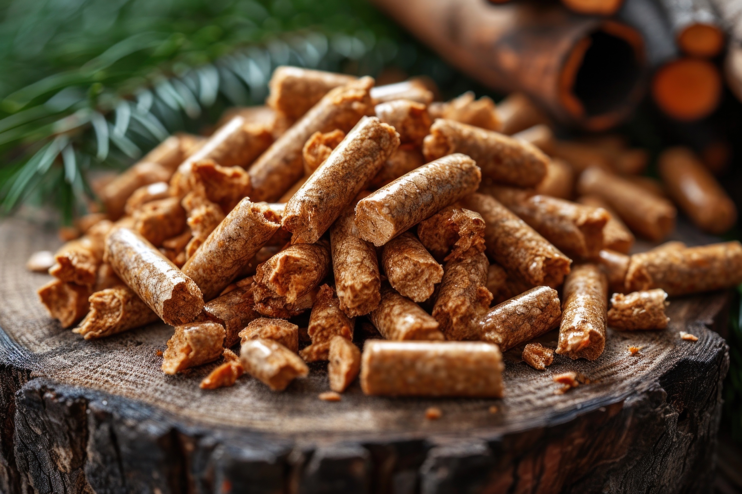 Export-ready wood pellets stacked on a pallet
