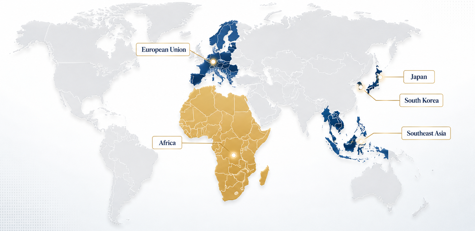 World map highlighting Rashmi 6 Paradigm export regions: Japan, South Korea, European Union, Southeast Asia, and Africa