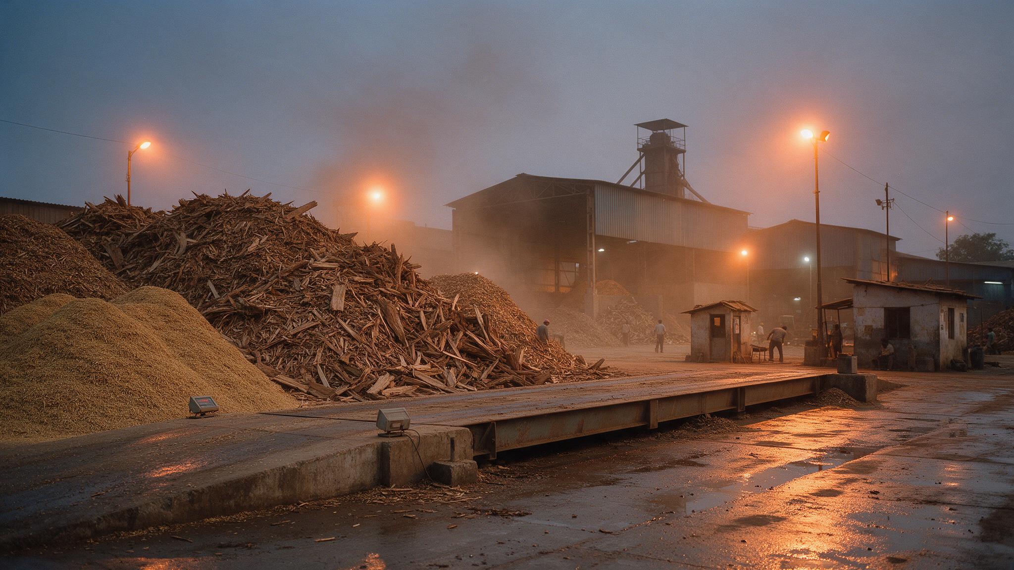 Weighbridge platform beside feedstock piles at the mill