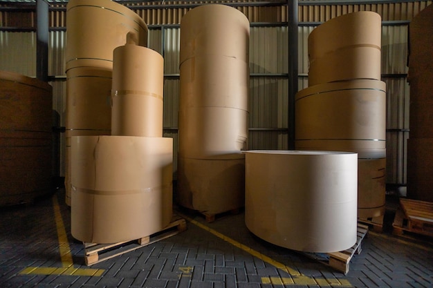 Kraft paper rolls stored in a mill warehouse