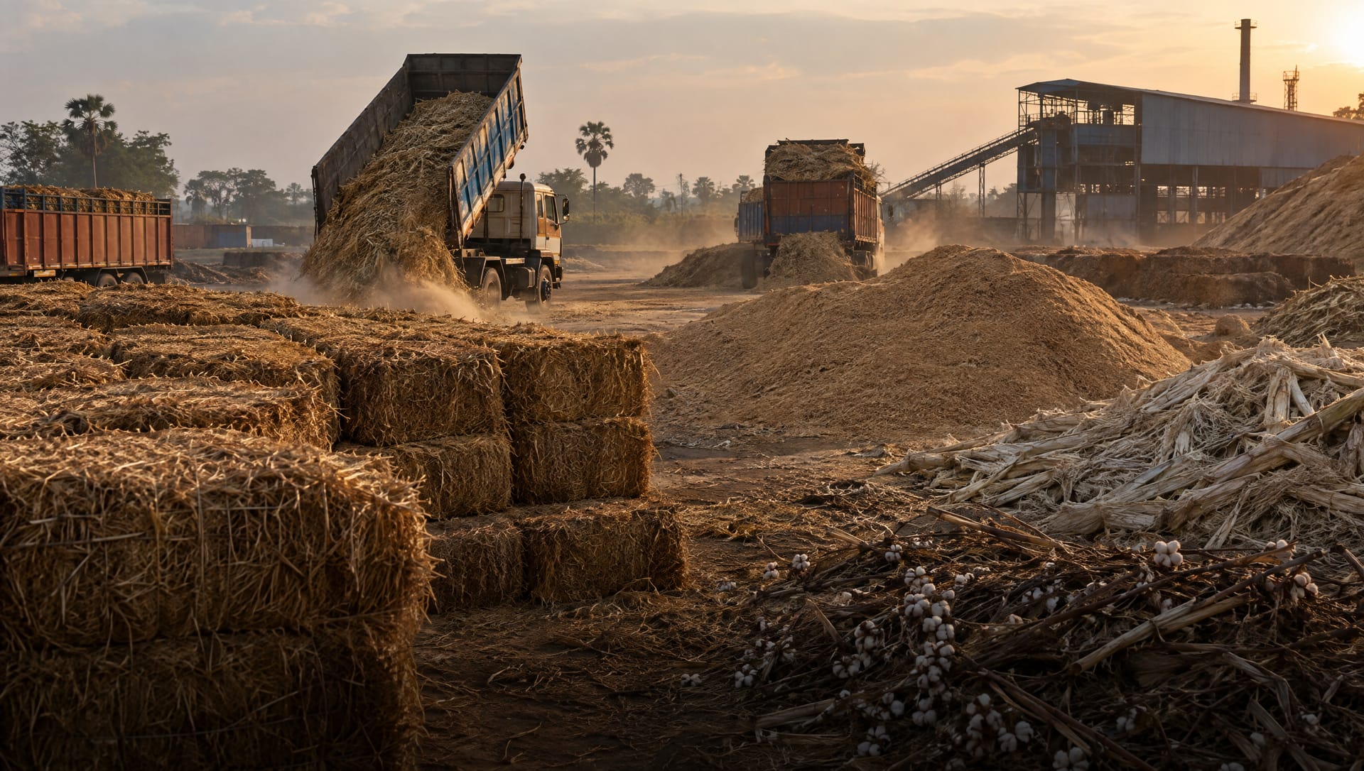 Agricultural residue bales and husk being unloaded at the mill yard