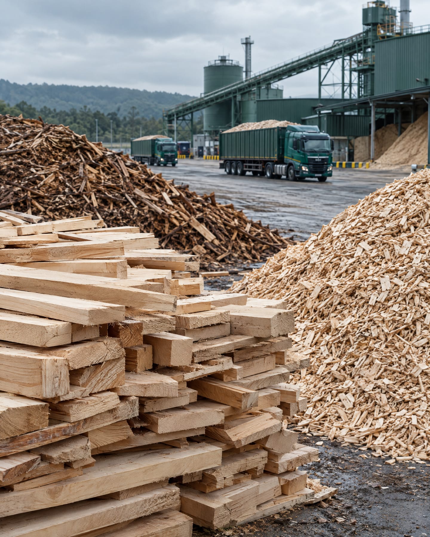 Certified wood residue and chips staged at the mill yard