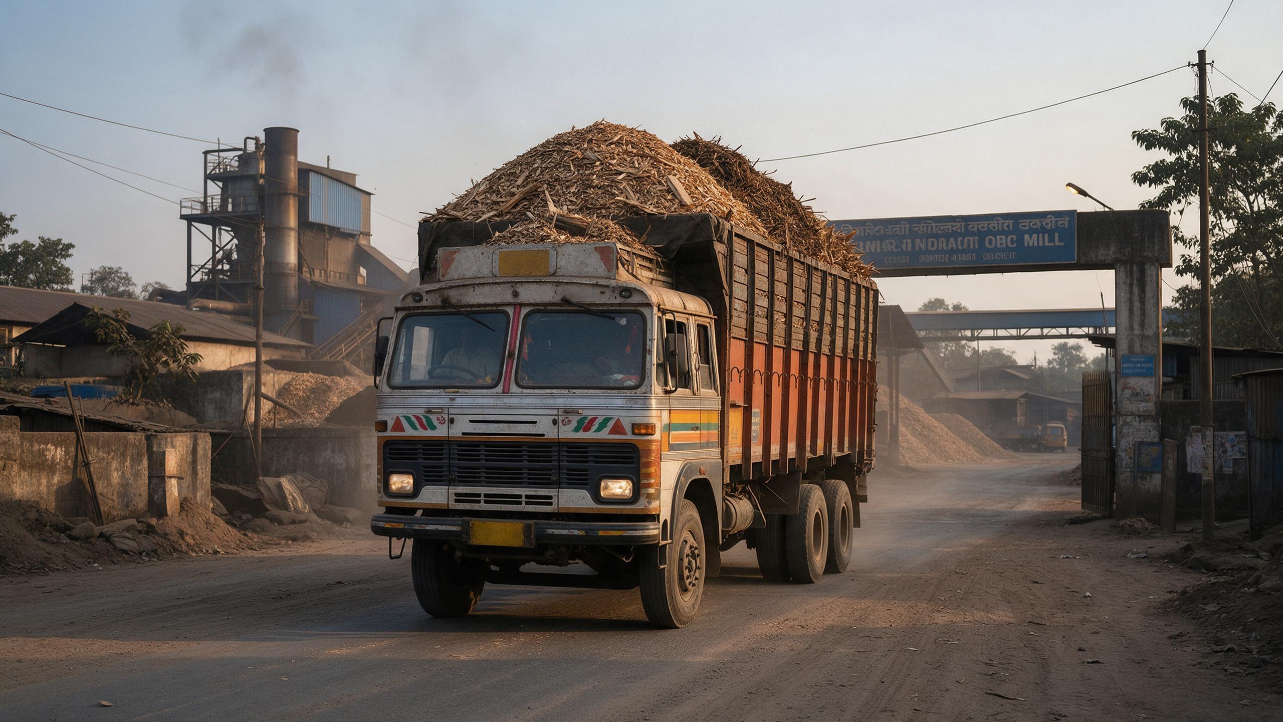 GPS-tracked truck transporting biomass feedstock