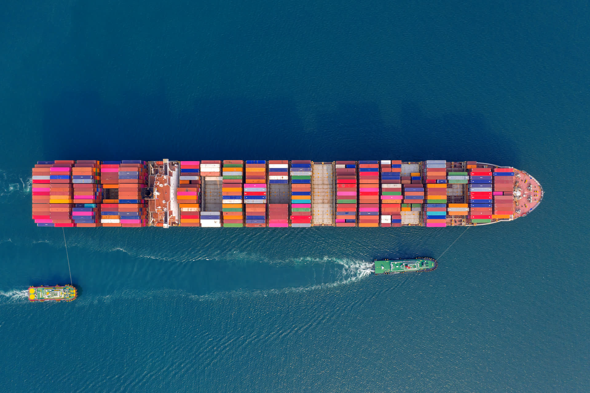 Aerial view of a container cargo ship at sea