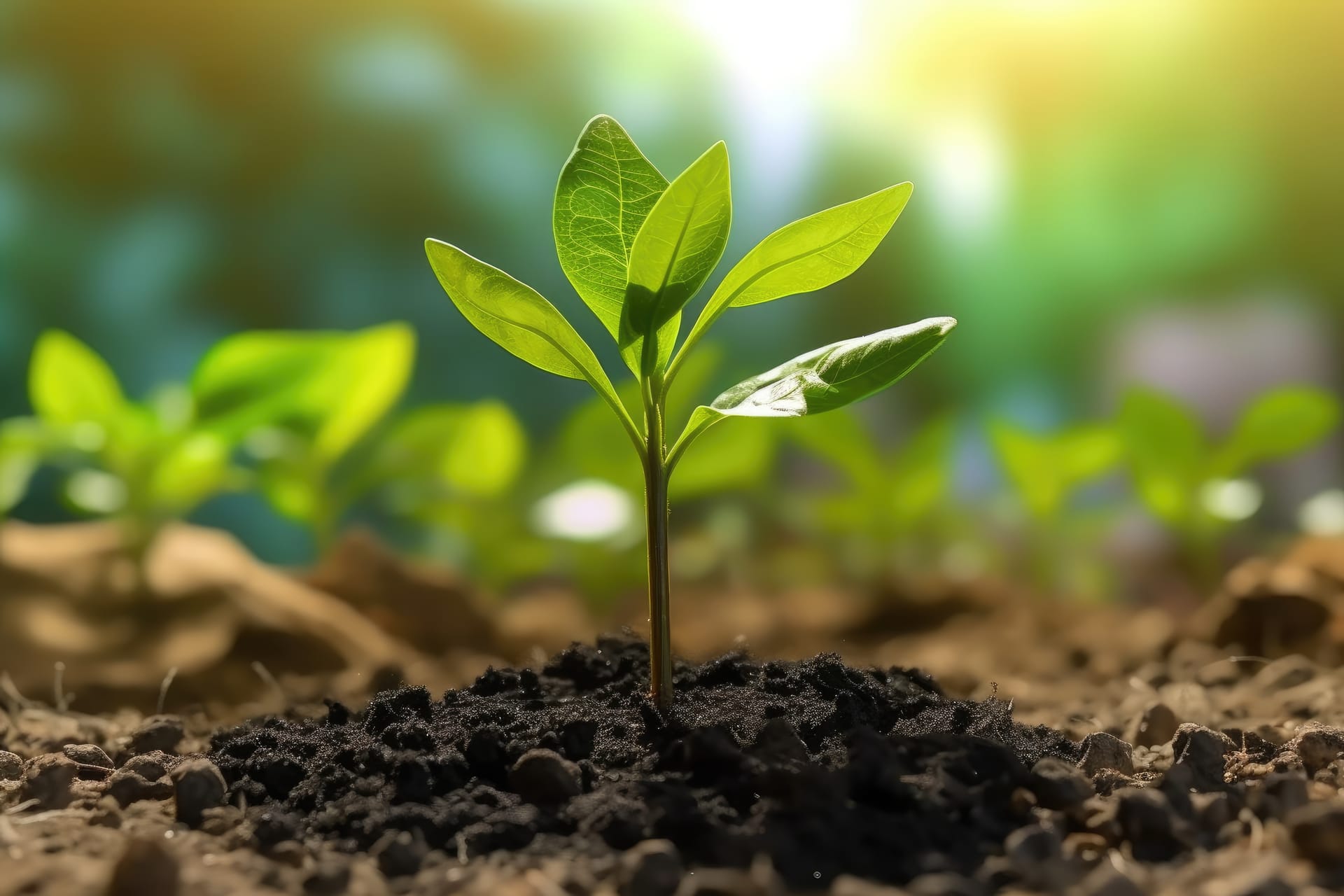 Green plant sprouting in biochar-enriched soil — symbolizing carbon sequestration and soil fertility